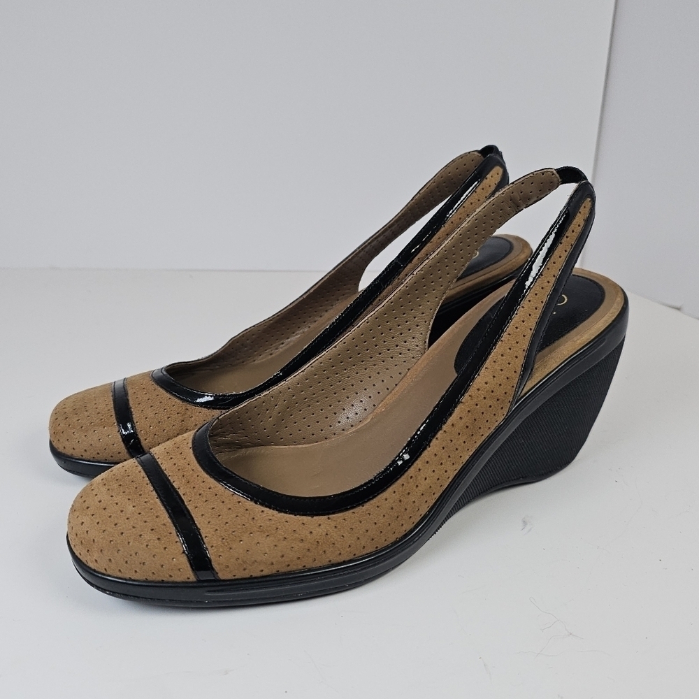 Cole Haan G Series Nike Air Tan Leather Slingback Wedge Shoes